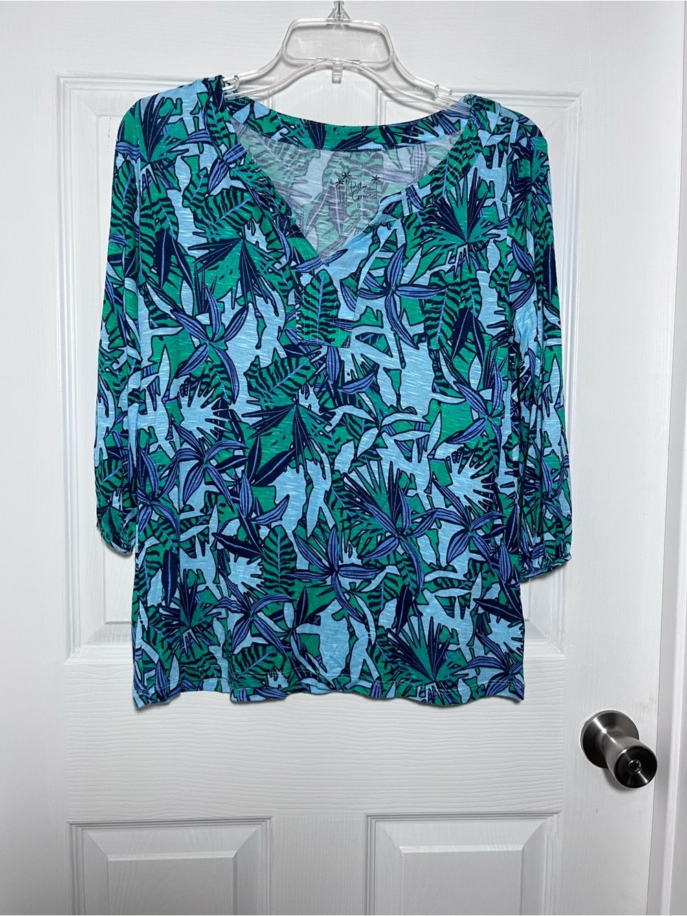 Palm Grove Tropical Blue & Green V-Neck 3/4 sleeve Women's Blouse